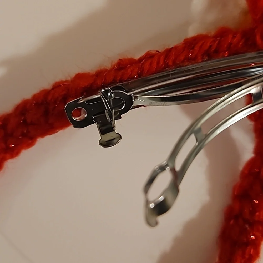 Hand Crafted Hand Knit Crochet Red Bow Barrete Hair Clip white and yellow flower